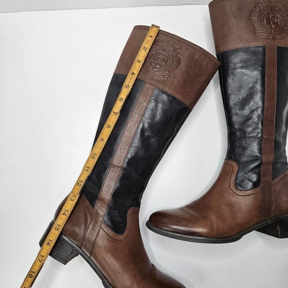Franco Sarto Leather Riding Boots 9.5 Black Brown Embossed Logo - Picture 11 of 12